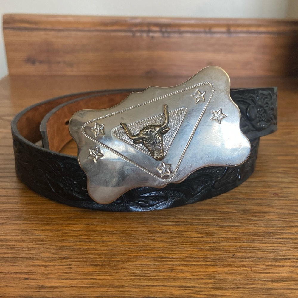 Chambers Belt Co. Vintage - Bull Buckle - Floral Tooled Black Leather - XS/S